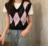 Style Y2k Sweater Vest Women Pullover Knitted Vest Sleeveless Sweaters for Women Fashion Vintage Argyle Women's
