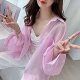 White Transparent Chiffon Blouse Chic Women Summer Oversize Puff Long Sleeve Shirt Korean Style Cardigan Basic Sheer