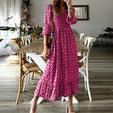 Summer Casual Pullover Beach Dress Fashion Printed Boho Style V Neck Party Dress Elegant Long Sleeve Buttoned Shirt