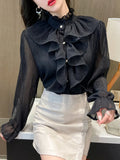 Stand Collar Chiffon Lace Shirts Korean Ruffles Stitching Elegant Button Blouse Woman Long Flare Sleeve Loose Tops