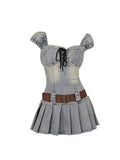 Women Denim Mini Dress Vintage Elegant Pleated Short Dresses Hot Sexy Y2k Party Club Off Shoulder Lace Up Vestidos Summer