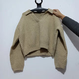 2021 Woman Sweaters V Neck Plaid Vintage Pullover Women Dropped Sleeve Texture Winter Pull Femme Chic Tops Jumper