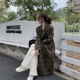Brown Leopard-print Mid-length Coat For Women Winter 2023 Double-breasted Long Woolen Trench Overcoat Runway