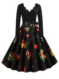 Women Elegant Vintage Christmas Party Dress Long Sleeve V Neck High Waist Casual Midi Xmas Winter Clothing S~3XL