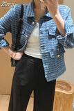 Button Denim Jacket Spring and Autumn 2023 New Solid Blue Women's Woven Hook Flower Design Short Denim Coat Woman