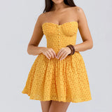 Yellow Strap Jacquard Lace Mini Dress- Outfit