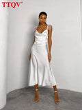 Women Feather Strap White Dress Summer Sexy V-neck Sleeveless Backless Midi Dress Ladies Bodycon Silky Solid Party