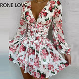 Women Floral Lace-up defined waist Chiffon Deep V neck Spring Sweet