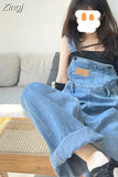 Denim Pant Women Preppy Style Y2k Wide Leg Jeans Fashion Straight Pockets Summer Blue Overalls Ankle-Length