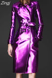 Spring Autumn Long Shiny Reflective Patent Leather Trench Coat for Women Belt Double Breasted Cool European Fashion
