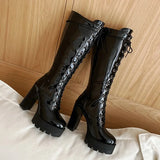 Spring Autumn Lacing Knee High Boots Women Fashion White Square Heel Long Boots Woman Leather Shoes Winter Large Size