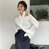 Y2K White Shirts Women Streetwear Sexy Halter Hollow Out Long Sleeve Blouse Korean Lady Elegant Off Shoulder Loose