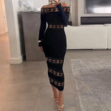 Women's Autumn Long Sleeved Wrap Hip Dresses Black Lace Patchwork Hollow Party Dress Fashion Slash Nneck High Waist Tight
