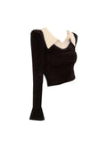 Winter Fashion Women's Fake Two Piece Lapel Collar Knitwear Sweaters Black Casual Slim Pullover Tops All-Match Korean