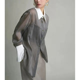 Vintage Blouses Women Elegant Sun Proof Sheer Long Sleeve Shirts Office Lady Korean Patchwork Loose Casual Sunscreen