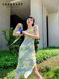 Tulip Cowls Floral Long Slip Dress For Women 2022 Summer Backless Sundress Designer A Line Midi Dress High