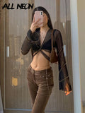 E-girl Aesthetics Bandage Black Mesh Crop Tops Pastel Goth Y2K Deep V-Neck Flare Sleeve Patchwork T-shirts Sexy