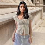 Small Fragrant Pure Girl Bubble Sleeve Strapped With Wood Ear Age Reduction Netcloak Umbilly Short-Sleeved
