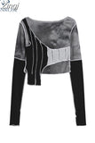 Patchwork Crop Bodycon T Shirt Women Long Sleeve Streetwear Chic Tees O Neck Ins 2023 Ulzzang Casual Loose Tide
