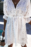 Out White Mini Dress Women Embroidery Summer Dress Female V Neck Short Dress Ladies Casual Elastic Waist A-line