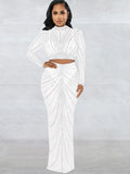 Sexy Black Shine Rhinestone Crystal Sheer Skirt Set New Women Long Sleeve Top And Maxi Skirt Suits Night