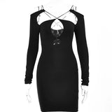 Double Layer Slim Women Dress Long Sleeve Sexy Bodycon Low-Cut Ladies Dresses Hollow out Backless Women's Clothing