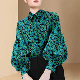 Spring Autumn Fashion Vintage Striped Print Single Breasted Casual Shirt Top Women Lantern Long Loose Blouse Female