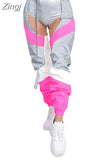 Women Buckles Bottomless Pants High Waist Cargo Trousers Crothchless Color Block Boggy Trousers Long Rave