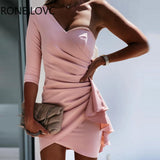 Women Solid One Shoulder Pleated Ruffle Hem Slit Bodycon