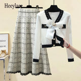 Women Autumn Winter Vintage fragrant Knitted Two Pieces Sets Korean Long Sleeve Knit Cardigan And High Waist Plaid Skirts