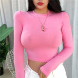 2021 O Neck White Crop Top Women Summer Casual T Shirt Basic Sexy Streetwear Slim Sexy Black Long Sleeve
