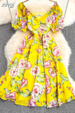 Women Sexy Floral Chiffon Dress Female Elegant V-Neck Short Sleeve High Waist A-Line Beach Vestido Casual Party Robe