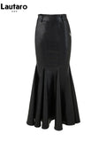 Spring Autumn Chic Stylish Black Soft Pu Leather Midi Mermaid Skirt Women High Waist Long Luxury Designer Clothes