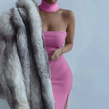 Dresses Woman 2022 Elegant Halter Turtleneck Off Shoulder Bodycon Hollow Out Backless High Split Mid-calf Party