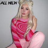2000s Aesthetics Heart Striped Turtleneck Pullovers E-girl Sweet Long Sleeve Hot Pink Sweater Harajuku Knitwear