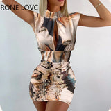 Women Chic Tank Turtleneck Hollow Out All Over Print Abstract Pattern Mini Bodycon Print