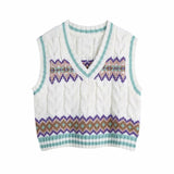 Fashion Geometry Jacquard Sweater Vest Women With Ribbed Trims Pullover Twist Pull Sans Manches Femme V Neck Vintage