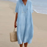 V-neck Short Sleeve Pleated Long Dress Simple Solid Color Loose Women Dress 2023 Summer Beach Cotton Linen Dress