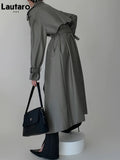 Spring Autumn Long Gray Pu Leather Trench Coat for Women Raglan Sleeve Belt Runway Luxury Designer European Fashion