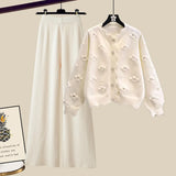 Winter Knit Sets Womens Outfits Korean Sweet Floral Knitted Cardigan And Wide Leg Pants Sets Ladies Elegant Knitting