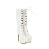 Sgesvier 2021 new arrival knee high boots women round toe autumn lace up platform boots sexy stiletto heels boots prom