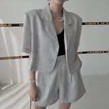 Zingj Chic Summer Temperament Small Fragrant Wind Suit Collar Short Coat High Waist Versatile Two Button Wide Leg Shorts-Outfit