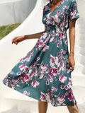 Printed Casual Beach Midi Dresses Women Summer V-neck Short Sleeve Empire Waist A-Line Dress Sundress Vestido Robes
