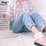 Women Strawberry Embroidery Kawaii Pockets Ankle-length Elastic Waist Girls Denim Simple All-match Korean Style