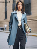 Spring Autumn Classy Blue Faux Leather Trench Coat for Women Belt Elegant Luxury Designer Clothes Runway Fashion
