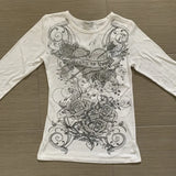 Fairy Grunge Diamonds Graphic Print Crop Top Autumn Long Sleeve Slim Fit Pullovers Tees Women Vintage White Crop Top