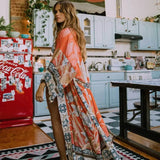 Bikini Cover-ups Pink Boho Print Self Belted Front Open Long Kimono Dress Beach Tunic Women Swim Suit Cover Up