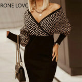 Women Elegant Geo Print Long Sleeve Tied Detail Patchwork Bodycon Dress Working