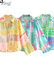 Patchwork Button Up Shirt Women Print Long Sleeve Top Female Loose Summer Blouses Woman 2023 Collared Women's Beach