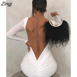 Sexy Backless Ruched Maxi Dress Women White Long Sleeve Evening Dresses Female Autumn Skinny Elegant Party Clubwear
